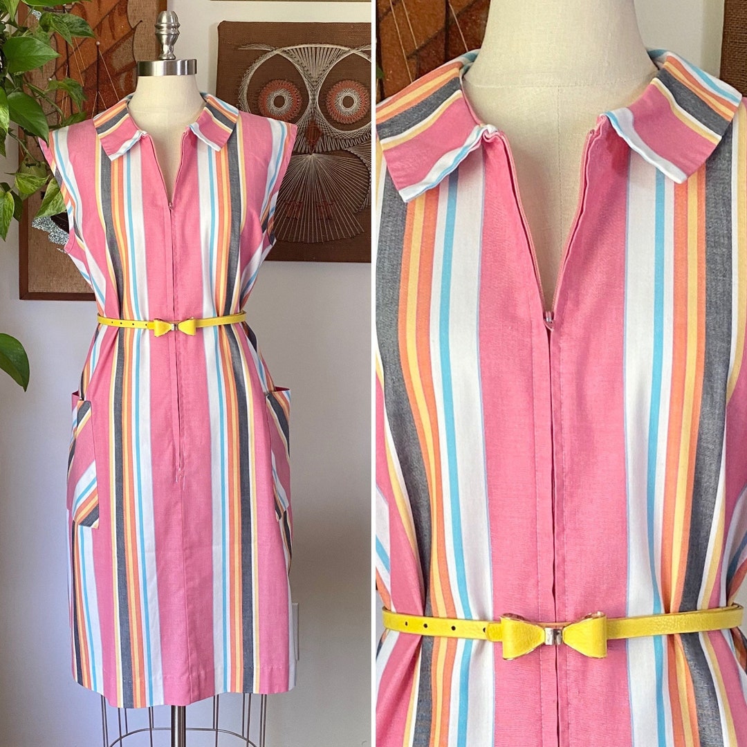 60s Vintage SKIMMA Pink and White Striped Zip up House Dress Etsy