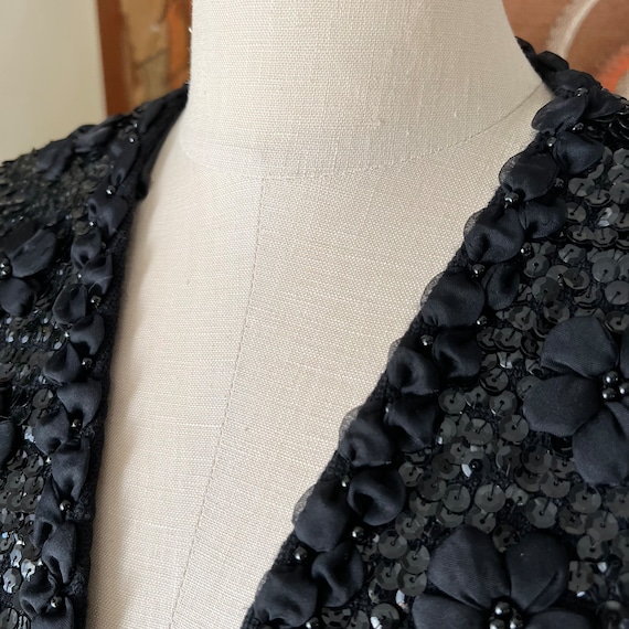 60s Vintage Black Sequin Beaded Floral Sweater Ve… - image 3