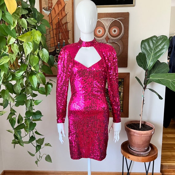 80s Vintage NITE LINE Raspberry Hot Pink Sequin C… - image 2