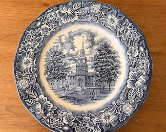 Vintage Staffordshire England INDEPENDENCE HALL Liberty Blue and White Plate 10" Diameter