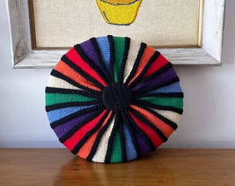 70s Vintage Rainbow and Black Striped Crochet Knitted Round Pillow 15"