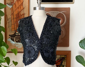 60s Vintage Black Sequin Beaded Floral Sweater Vest, Size Medium