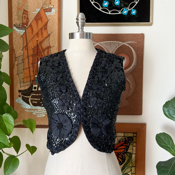 60s Vintage Black Sequin Beaded Floral Sweater Ve… - image 1