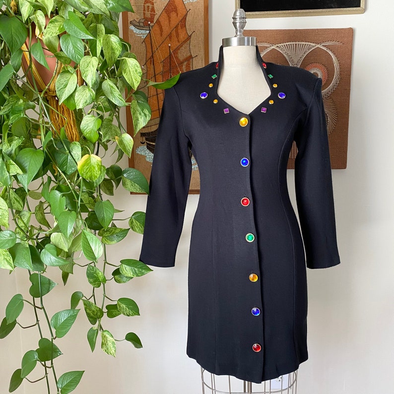 Size XS to Small 80s 90s Vintage Dawn Joy Fashions Black Multicolor Jeweled Long Sleeve Sheath Dress