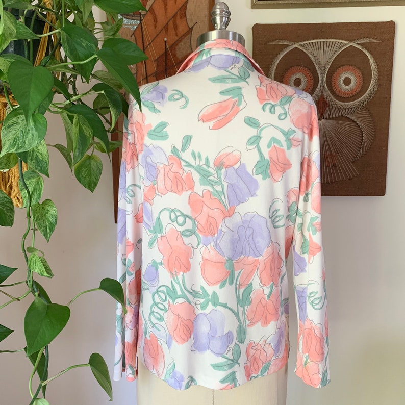 70s VERA NEUMANN White Pastel Floral Long Sleeve Top Size Medium to Large