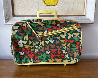 70s Vintage Made in Japan Green and Yellow Mod Butterfly Fabric Suitcase As-Is 11 x 17