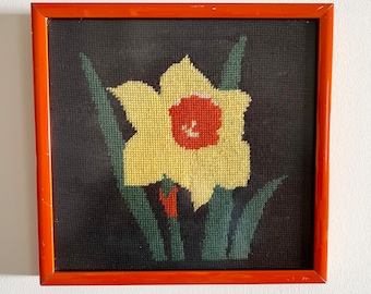 70s 80s Vintage Yellow and Orange Daffodil Flower Needlepoint Framed Wall Art, Size 11" x 11"