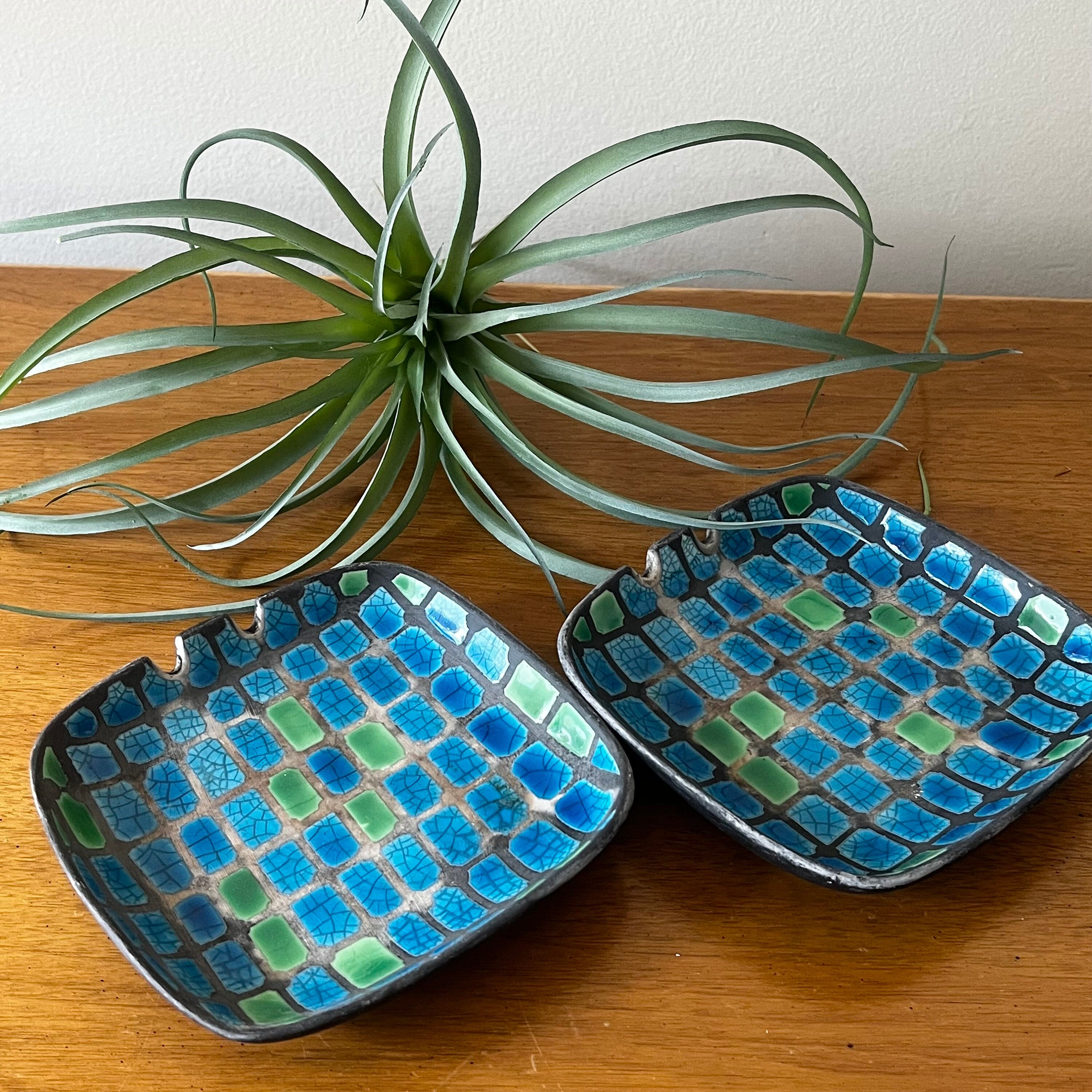 60s Vintage RAYMOR ITALY Turquoise and Green Tile Ceramic Ashtray Set Mid Century Trinket Dish
