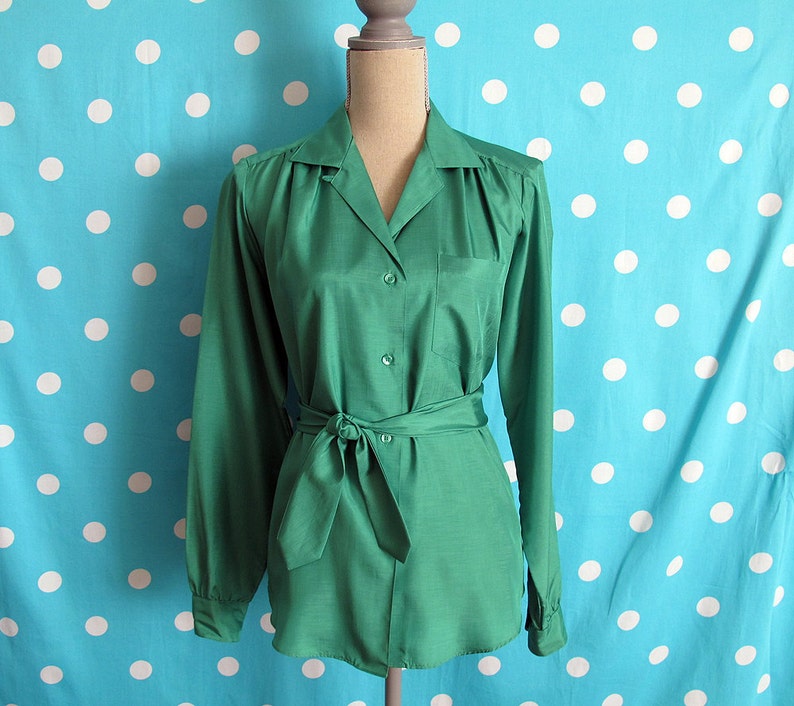 80s Shapely Green Silky Sexy Secretary Blouse, Size XL, Size 16 image 1