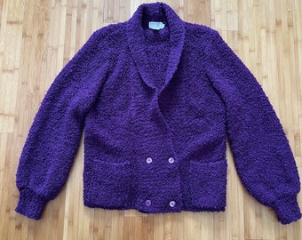 80s Vintage ANDRIAN LANG Purple Bouclé Cardigan Sweater Size Medium to Large