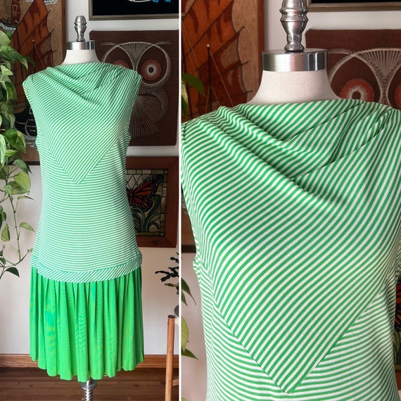 70s Vintage Green and White Striped Cowl Neck Dro… - image 1