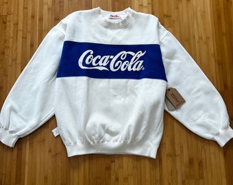 80s 90s Vintage COCA-COLA Cream and Blue Sweatshirt New with Tags Unworn Unisex Size XL