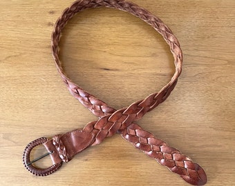 80s Vintage Brown Leather Braided Belt Made in Turkey Size Large