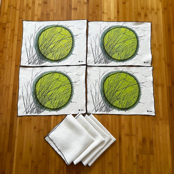 70s Vintage VERA NEUMANN Green Grass Mod MCM Placemats and Napkins Set of 4