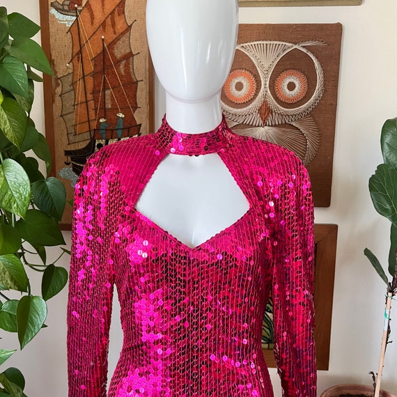 80s Vintage NITE LINE Raspberry Hot Pink Sequin C… - image 3