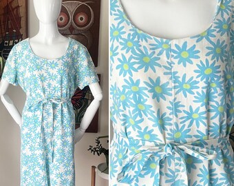 60s Vintage White and Turquoise Daisy Print Tie Waist Romper, Size Large