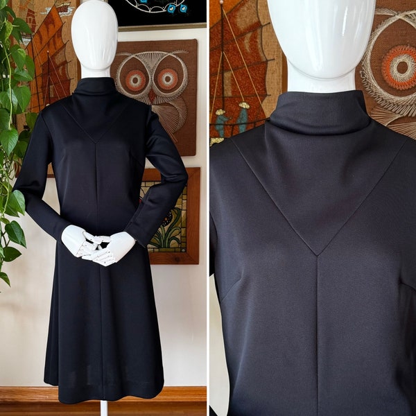 60s 70s Vintage BLEEKER STREET MOD Black Cowl Neck Long Sleeve Shift Dress Size Medium