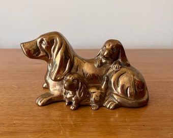 70s Vintage Brass Dachshund or Basset Hound Mom and Puppies Figurine