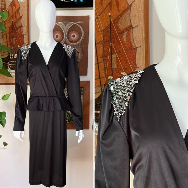 80s Vintage DIAMOND RUN Black Long Sleeve Peplum DISCO Dress with Silver Sequin Padded Shoulders Size Medium