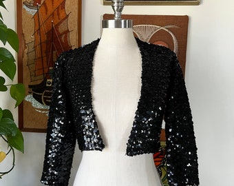 70s Vintage Black Sequin Cropped Shrug Jacket As-Is Size XS