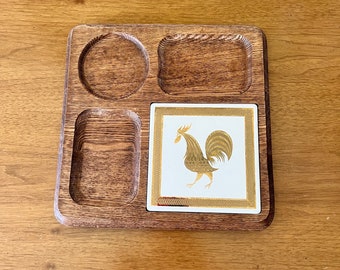 Vintage Rooster Gold and White Tile Square Wood Cheese Board Charcuterie Snack Tray