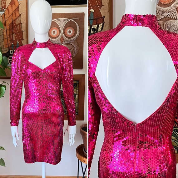 80s Vintage NITE LINE Raspberry Hot Pink Sequin C… - image 1