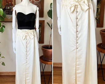 60s 70s Vintage ELINOR GAY Original NWT Cream Satin Bow A-line Maxi Skirt with Rhinestone Buttons, Formal Skirt, Bridal Skirt, Size xxs