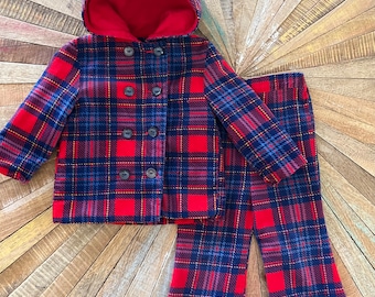 70s Vintage Red and Blue Plaid Corduroy Hooded Double Breasted Jacket and matching Bell Bottoms, Unisex Boys or Girls Size 2T