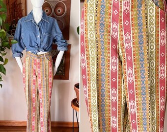 70s Vintage MANN Multicolor Geometric Striped Bell Bottom Trouser Pants Mens S or Womens M