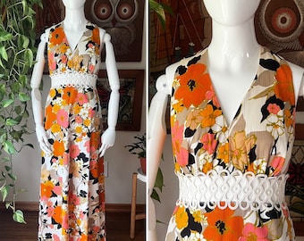 70s Vintage Flower Power Hawaiian Lace Cut Out Waist Sleeveless Maxi Dress, Size XS to Small