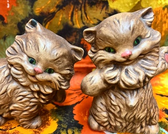 80s Vintage Playful Brown Persian Cat Ceramic Figurines, Set of Two