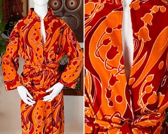 70s Vintage Orange and Rust Psychedelic Tulip Floral Velour Robe Up to Size Medium