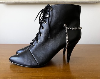 80s Vintage WILD PAIR Black Lace Up Studded High Heel Ankle Boots with Chain Never Worn Size 6 to 6.5