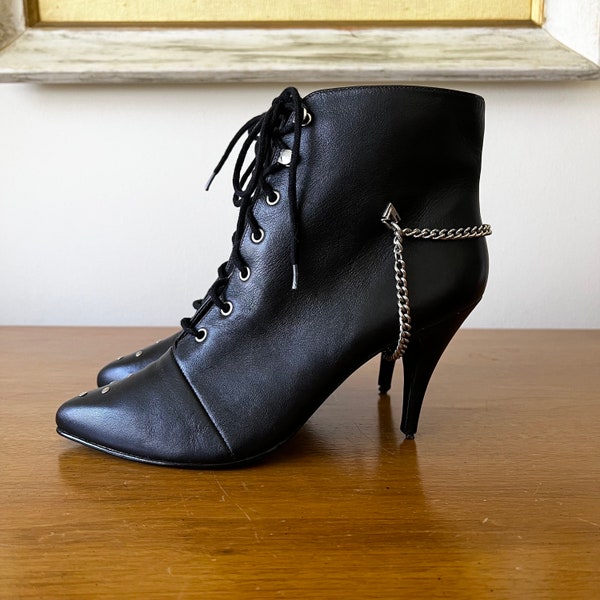 80s Vintage WILD PAIR Black Lace Up Studded High Heel Ankle Boots with Chain Never Worn Size 6 to 6.5