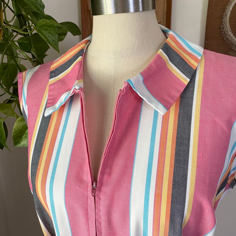 60s Vintage SKIMMA Pink and White Striped Zip up House Dress Etsy