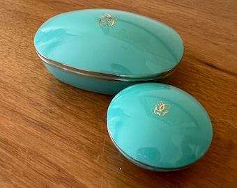 80s Vintage GUERLAIN PARIS SHALIMAR Turquoise and Gold Soap Container and Perfume Body Creme Pot Set