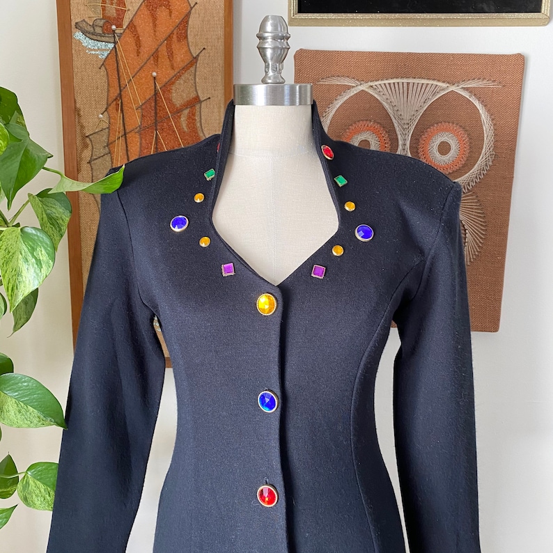 Size XS to Small 80s 90s Vintage Dawn Joy Fashions Black Multicolor Jeweled Long Sleeve Sheath Dress