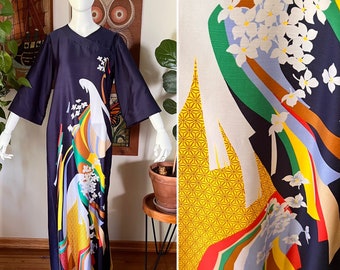 70s Vintage TORI RICHARD Navy Rainbow Geometric Floral Asian Inspired Kaftan Maxi Dress Up to Size Medium