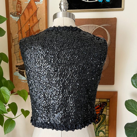 60s Vintage Black Sequin Beaded Floral Sweater Ve… - image 8