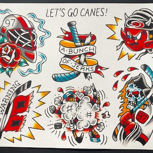 May include: A collection of traditional tattoo-style illustrations on paper. The designs include a hockey goalie mask with the number 97, a devil wearing a hockey helmet, and a skull playing hockey. Text includes "LET'S GO CANES!" and "TAKE WARNING."