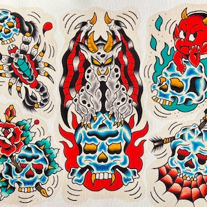 May include: A collection of traditional tattoo flash art featuring skulls, a scorpion, a devil, a rose, and a demonic creature. The designs are rendered in bold black outlines with vibrant colors including red, blue, yellow, and green.