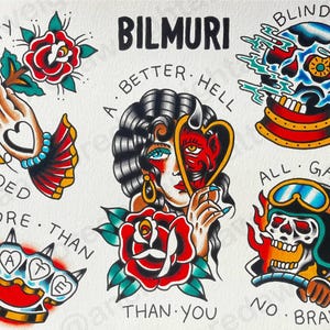 May include: A sheet of traditional tattoo flash art with several designs. It includes a hand holding a heart, a woman with a devilish face, a skull in a snow globe, a brass knuckle, a skull wearing a helmet, and roses. The word "BILMURI" is at the top.