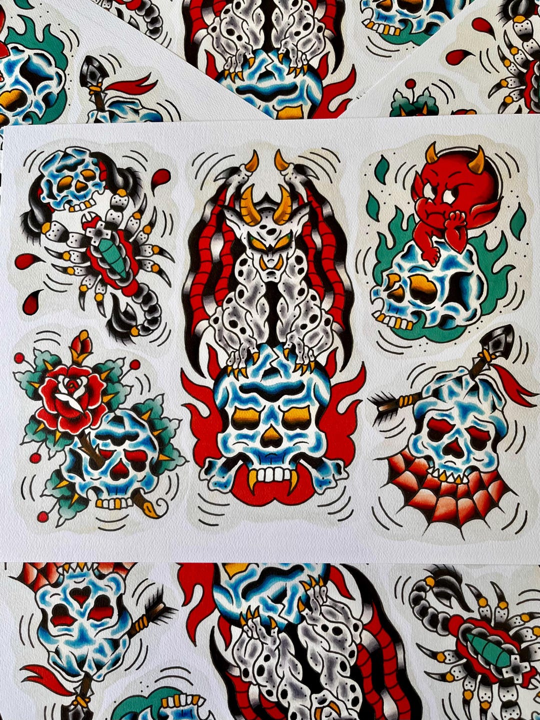 Skulls Traditional Tattoo Flash Print (11x14) - Etsy