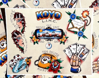 May include: A collection of traditional tattoo flash art featuring various designs. The artwork includes a cityscape in a rearview mirror, playing cards, a telephone, and a crying woman. The color palette is primarily blue, red, and yellow.