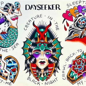 May include: A collection of colorful tattoo designs featuring a mermaid, a grim reaper, a woman with a dragon headdress, a broken heart, and a coffin with a rose. The text includes "Dayseeker", "Sleep in the Sea", and "Creature in the Black Night".