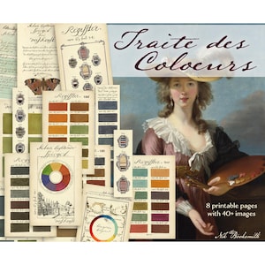 Kit de cartões e itens efêmeros Traite des Coloeurs - Perfeito para fazer diários, cartões, mídias mistas, álbuns e scrapbooking (8 páginas digitais)