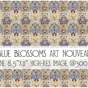 Art Nouveau Designs - Blue Blossoms - Printables for DIY glassine, washi tape, journals, mixed media, home decor  (1 image)