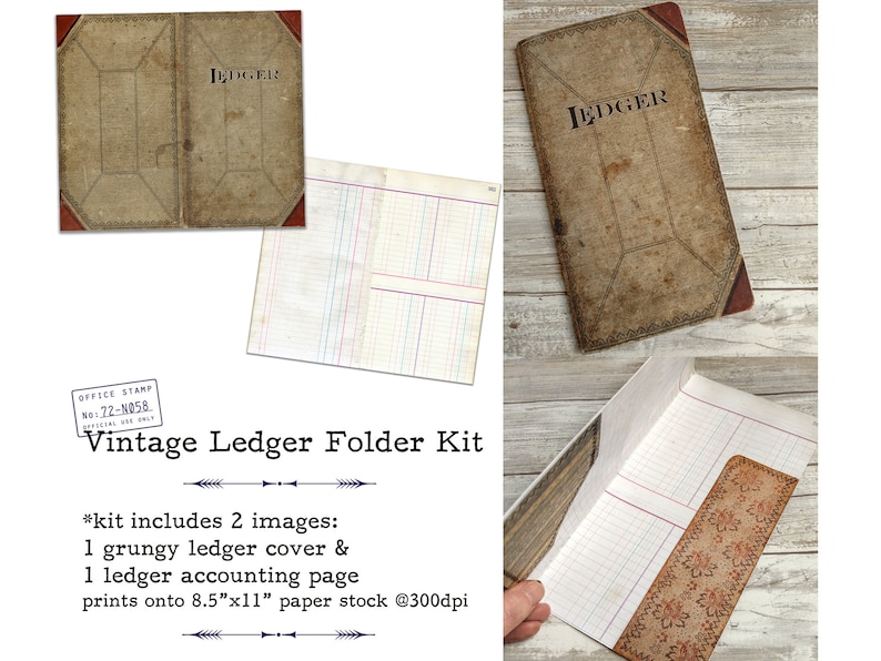 Vintage Ledger Folder Kit Perfect for junk journals, planners, scrapbooks, midori, traveler's notebooks 2 digital images in JPEG or PDF image 1