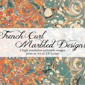 Marbled Papers - Set of 2 Digital Designs - Red and Aqua French Curl - Endpapers, Mixed Media, Gift Wrap, Collage, Greeting Cards