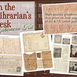 Librarian&#39;s Desk 14 piece Ephemera Kit - Perfect for making journals, cards, mixed media, albums, scrapbooking (4 digital pages)